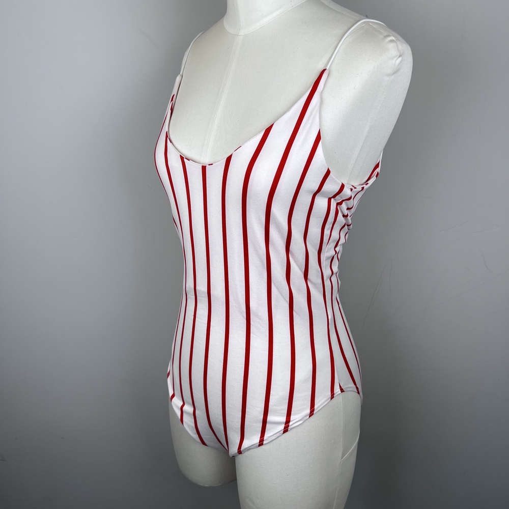 ON THRED UP - Gaze Red&White Striped Bodysuit Tank Rope Strap Double Lining - Picture 3 of 15